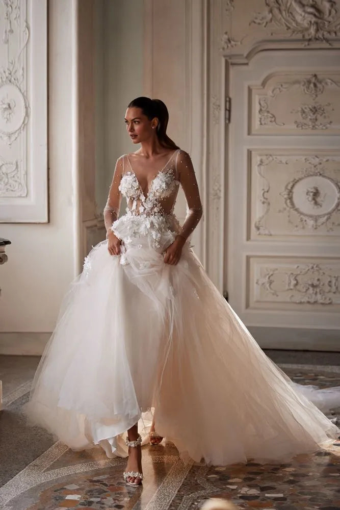 Vestidos de novia de hadas, línea A, sin mangas, Apliques de