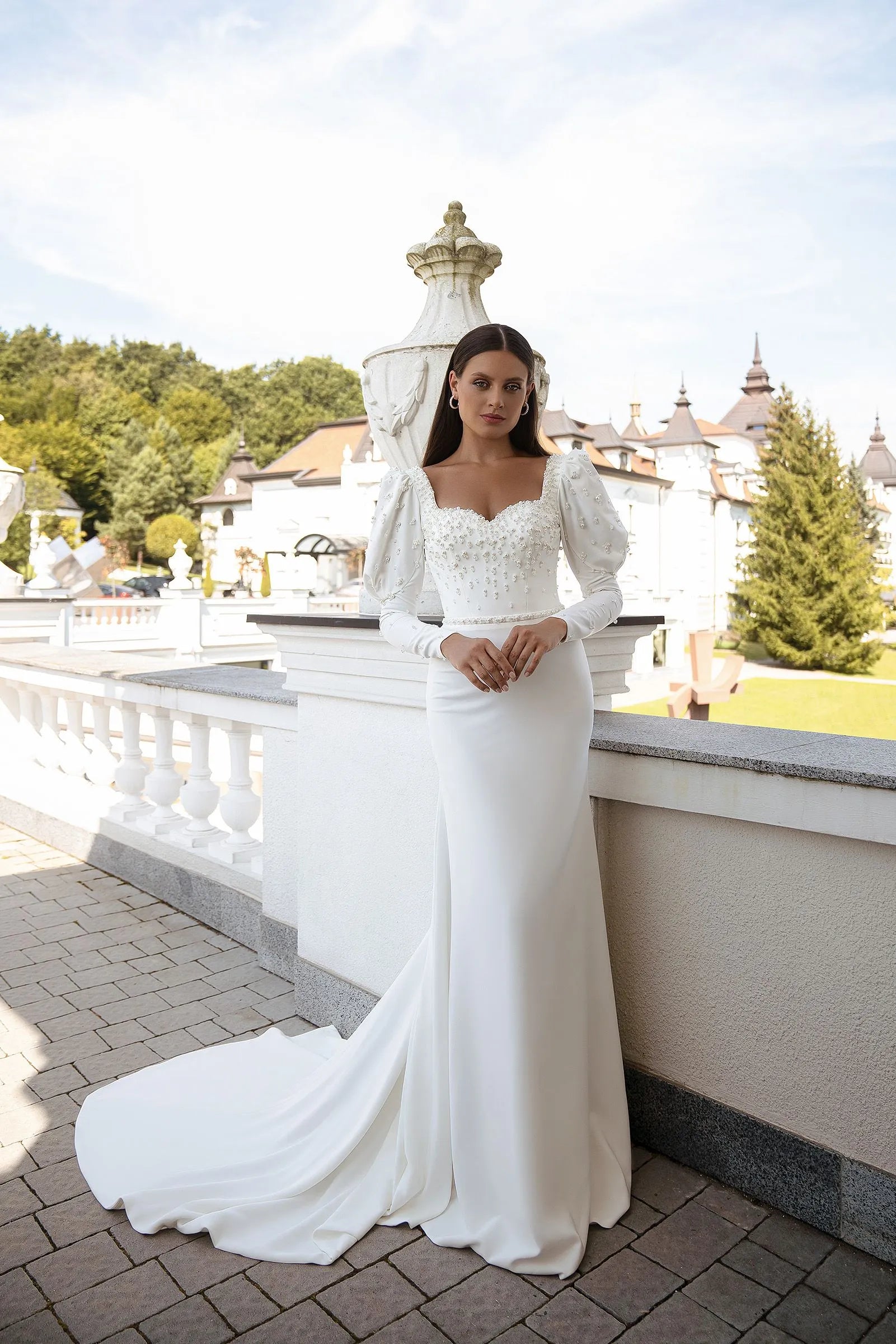 Pearl Wedding Dresses Sweetheart Long Sleeves Custom Size Sweep Trian