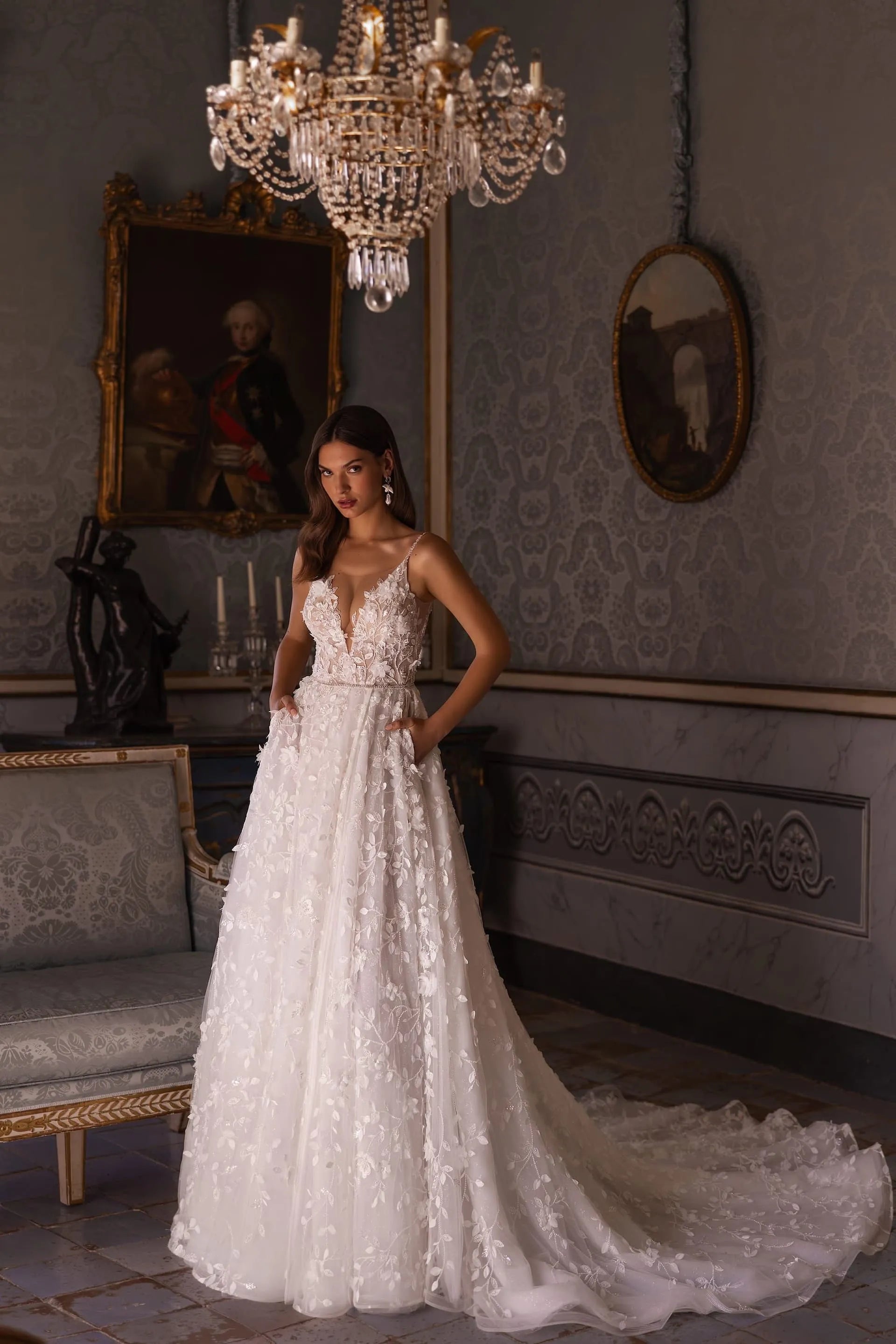 lace wedding dress straps 3D Floral Lace Wedding Dress with Straps Vigocouture Ivory / 20W