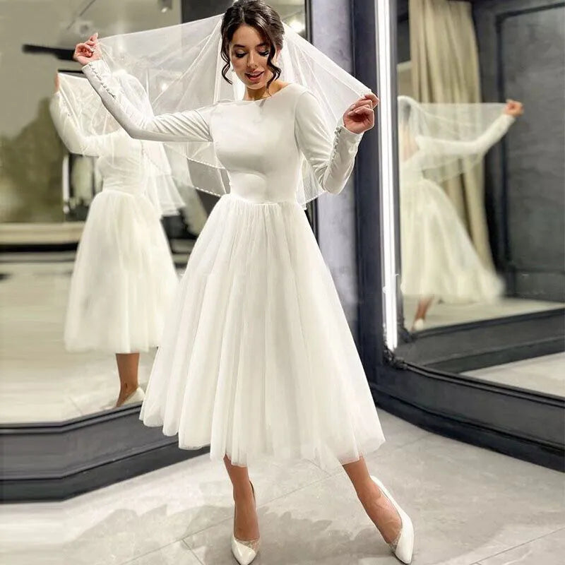 Minimalistic Style Open Back High Neck A-Line Wedding Dress Tulle