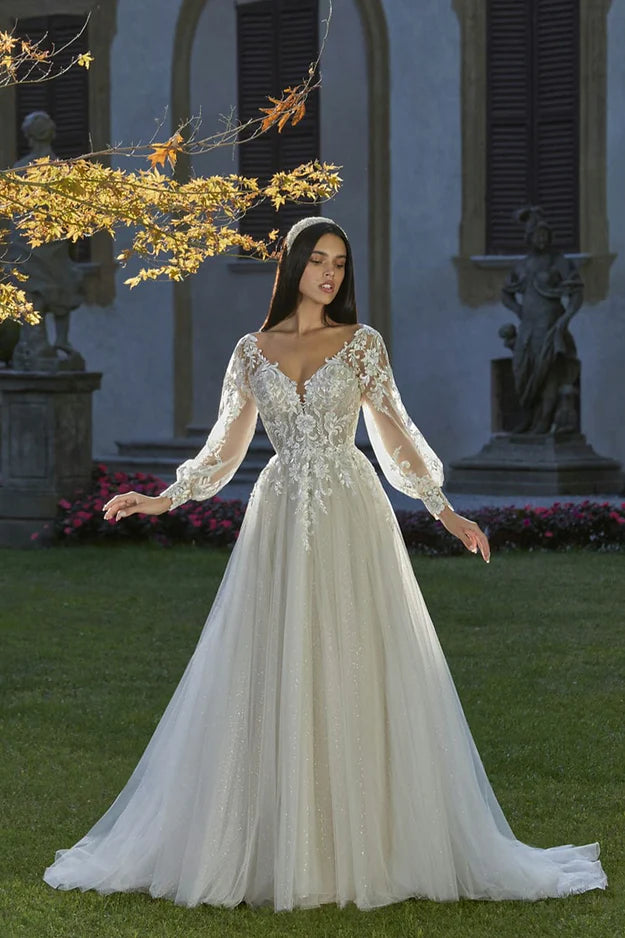 Klassische Brautkleider Eine Linie Puffärmel Spitze gegen Nacken applizierte Spitze Boho Braut Kleid Tüll Vestidos de Novia