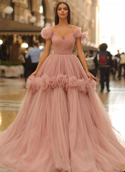 Pink A-Line Wedding Dresses Off Shoulder 3D Flowers Ball Gowns Brides Prom Gown Long Bridals Evening Dresses for Women