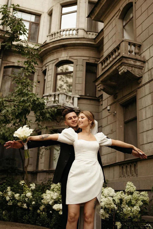 Elegante abito da sposa corto vestito quadrata manica a soffio piega aperta raso semplice abito da sposa sopra il ginocchio giretidos de noiva