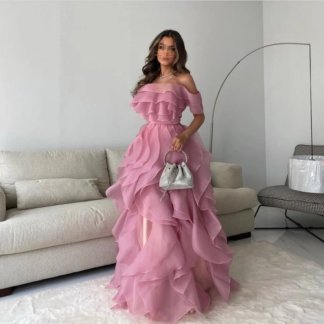 Dirty Pink Off Shoulder Organza Prom Dress Elegant Edge Curl A-line vestidos par boda Empire Waist Wedding Dress As Pictures 01