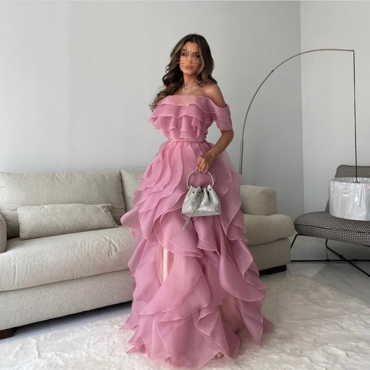 Dirty Pink Off Shoulder Organza Prom Dress Elegant Edge Curl A-line vestidos par boda Empire Waist Wedding Dress