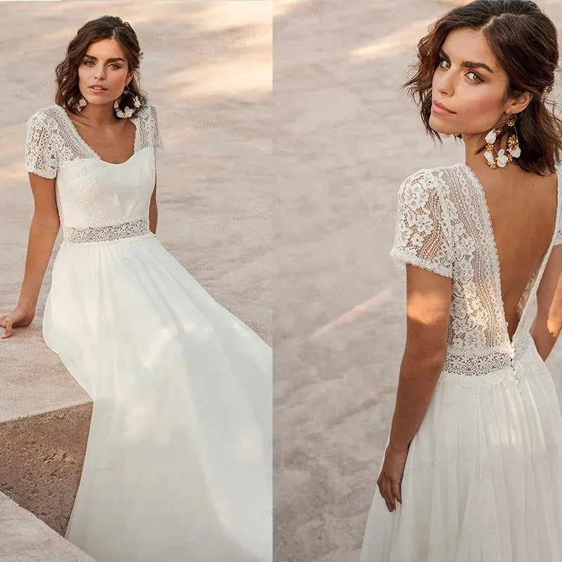 Vestido De novia bohemio De gasa con cuello en V para mujer, vestido De novia De manga corta hasta el suelo con Espalda descubierta, hecho a medida