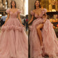 Pink A-Line Wedding Dresses Off Shoulder 3D Flowers Ball Gowns Brides Prom Gown Long Bridals Evening Dresses for Women