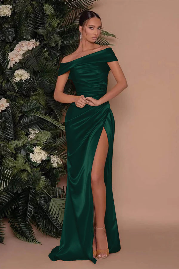 Champagne Prom Dresses Off Shoulder Ruched Pleats High Slit Formal Party Women Elastic Satin Long Sweep Train Evening Gowns