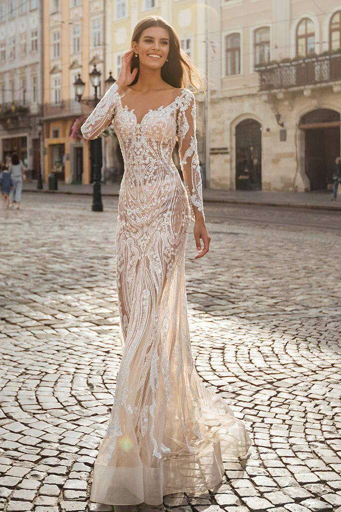 Luxuoso destacável 2 em 1 vestido de noiva pesado bordado de miçanga de grãos O-gola O-gola FullSleeve Vestra de noiva vintage