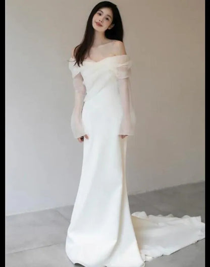 GAYSILE One bahu Satin Light Wedding Dress dengan Sederhana dan Slim Sesuai Sweet Lengan Panjang Pengantin Malam Gaun Vestidos De Novia