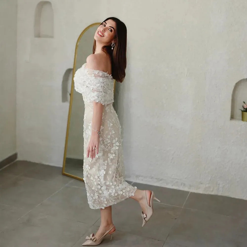 Booma Mermaid Wedding Party Dresses Boat Neck Beading Flowers Lace Bride Prom Gown for women Tea Length Formal Evening Dresses Same as picture