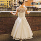 Vestidos de novia vintage hasta el tobillo de la década de 1950, manga casquillo, cuello joya, cinturón de flores, una línea de vestidos de novia cortos de encaje por encargo