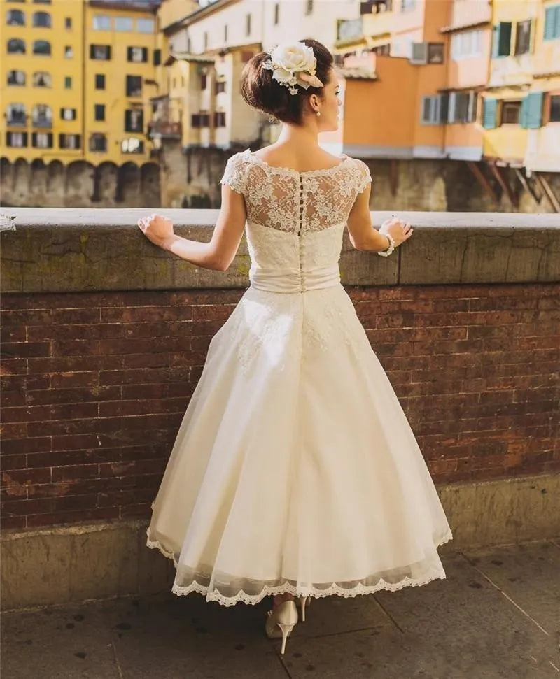 1950 -an pergelangan kaki vintage gaun pengantin gaun topi lengan permata leher sabuk bunga garis renda gaun pengantin pendek dibuat khusus
