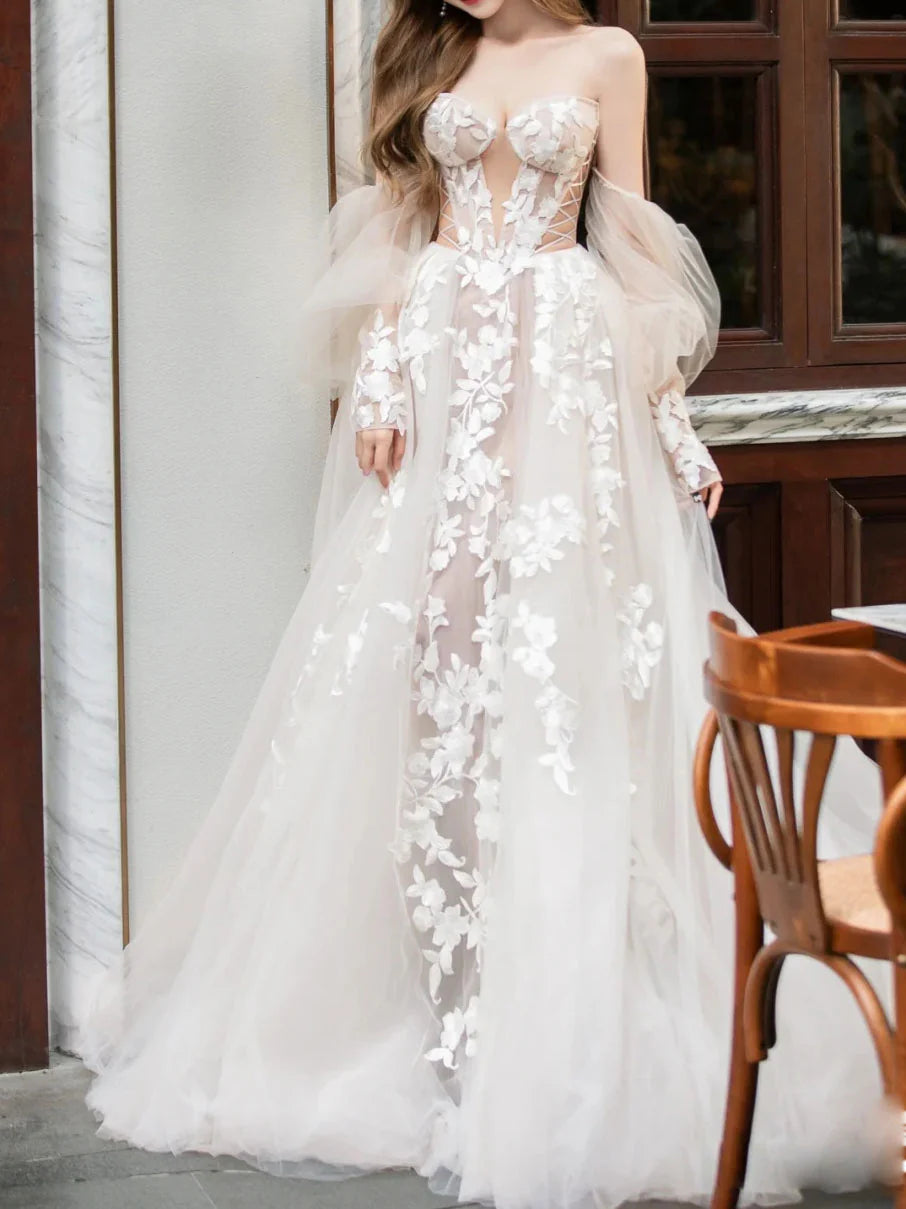 Ivory-nude Boho Wedding Dresses Lace Appliques Off Shoulder Long Sleeves Bridal Gown Women Elegant Bride aliexpress online shop