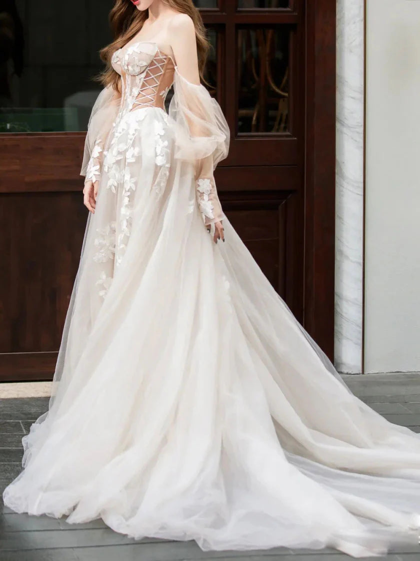 Ivory-nude Boho Wedding Dresses Lace Appliques Off Shoulder Long Sleeves Bridal Gown Women Elegant Bride aliexpress online shop