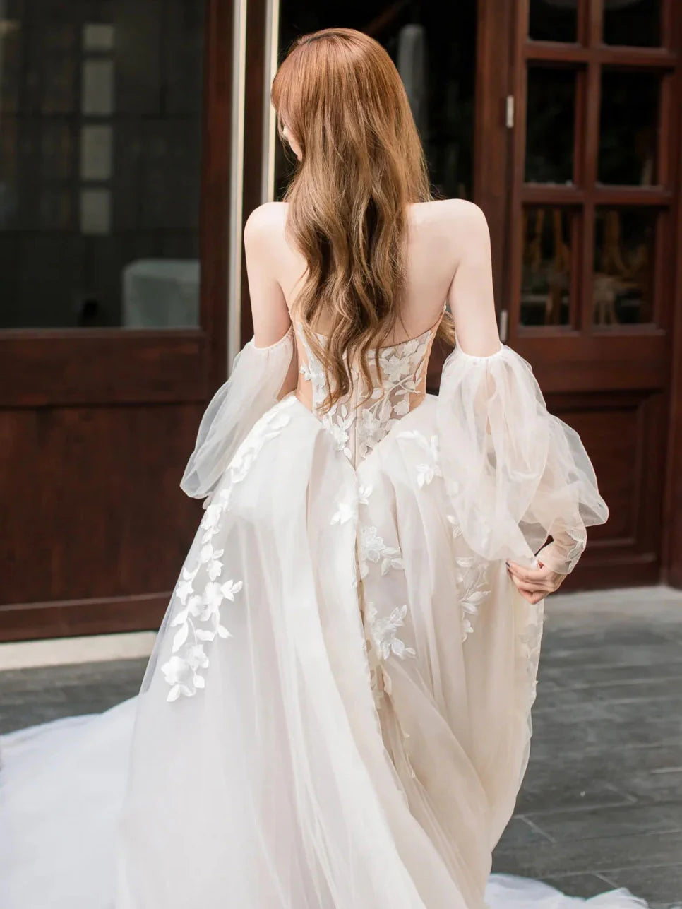 Ivory-nude Boho Wedding Dresses Lace Appliques Off Shoulder Long Sleeves Bridal Gown Women Elegant Bride aliexpress online shop