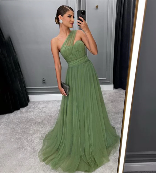 Light Green Prom Dresses One Shoulder A-line فساتين السهرة Elegant Sleeveless Sweep Train Tulle vestidos verano moda as pic