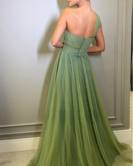 Light Green Prom Dresses One Shoulder A-line فساتين السهرة Elegant Sleeveless Sweep Train Tulle vestidos verano moda