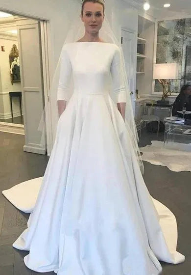 A Line Wedding Dresses With Three Quarter Sleeve Meghan Markle Style Vintage Bateau Covered Buttons Back Simple Bridal Ivory