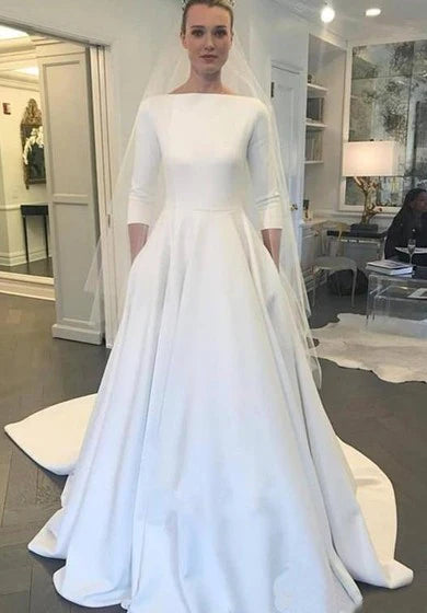 A Line Wedding Dresses With Three Quarter Sleeve New Meghan Markle Style Vintage Bateau Covered Buttons Back Simple Bridal