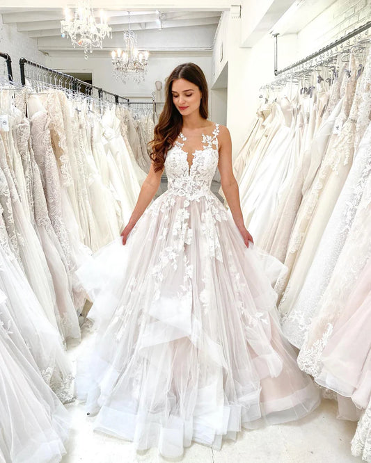 Vestidos de novia Vintage de encaje con cuello redondo, apliques de encaje, vestido de Boda de Princesa de corte a, vestido de novia de tul suknia slubna 