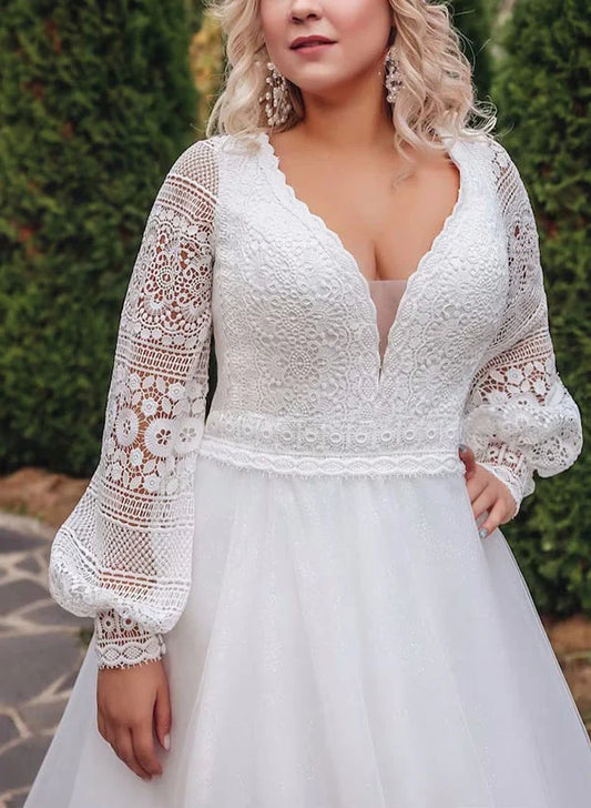 Full Sleeves Wedding Dress Lace V Neck Long Glitters Tulle Bride Gown Sweep Train Bridal Women Elegant