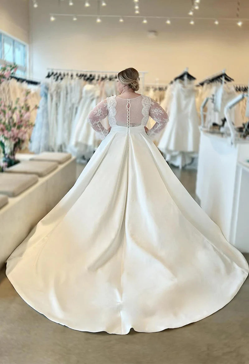 Plus Size Wedding Dresses with Long Sleeves Appliques Lace Sheer Back Satin A Line Garden Outdoor Beach Bridal Gowns