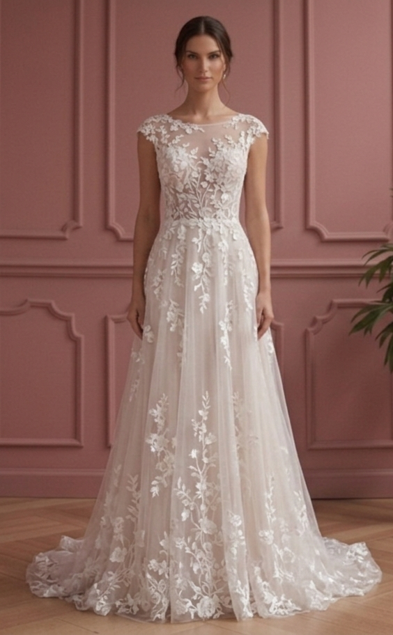 Garden A-Line Wedding Dress Floral Lace Soft Bridal Wear