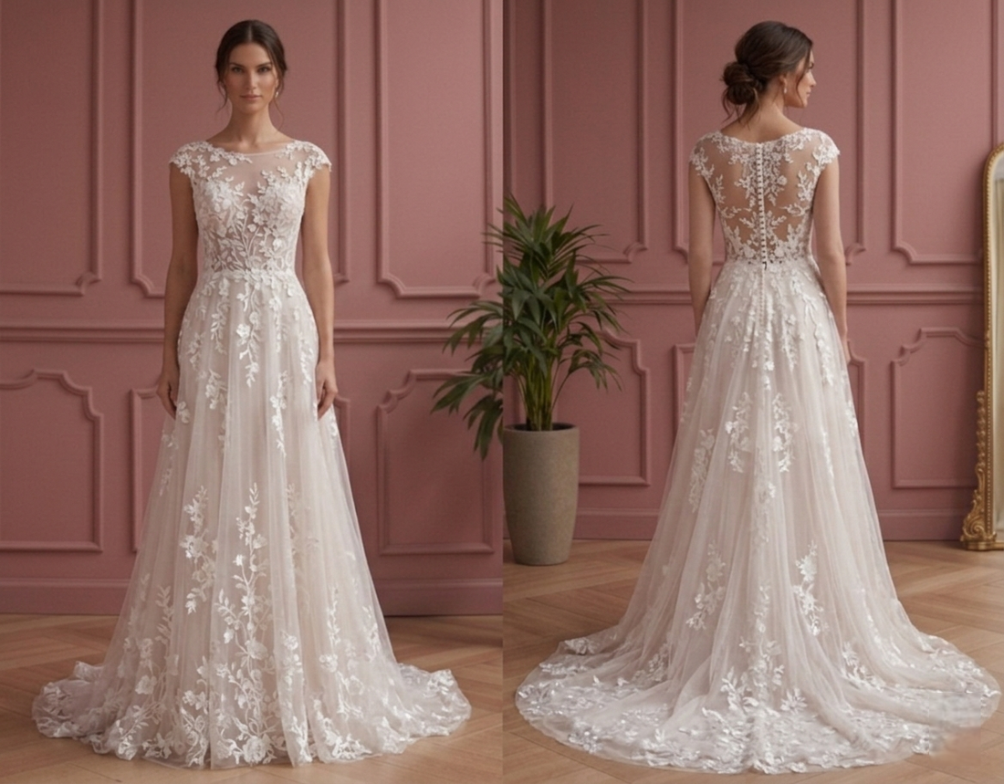 Garden A-Line Wedding Dress Floral Lace Soft Bridal Wear