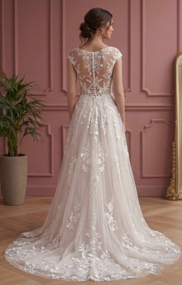 Garden A-Line Wedding Dress Floral Lace Soft Bridal Wear