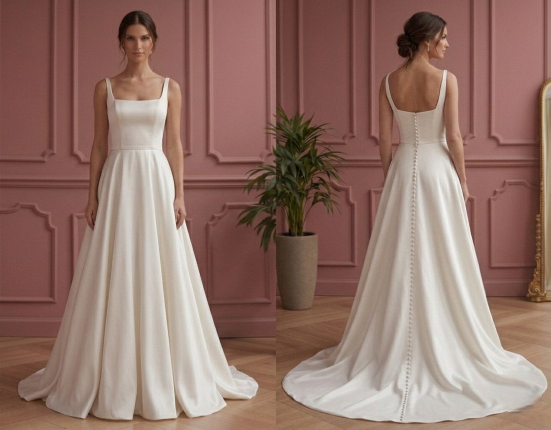 Sophisticated A-Line Wedding Dress Satin Square Neck Classic