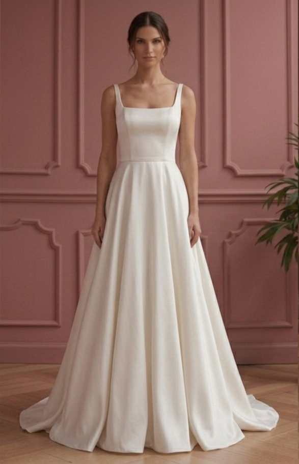 Sophisticated A-Line Wedding Dress Satin Square Neck Classic