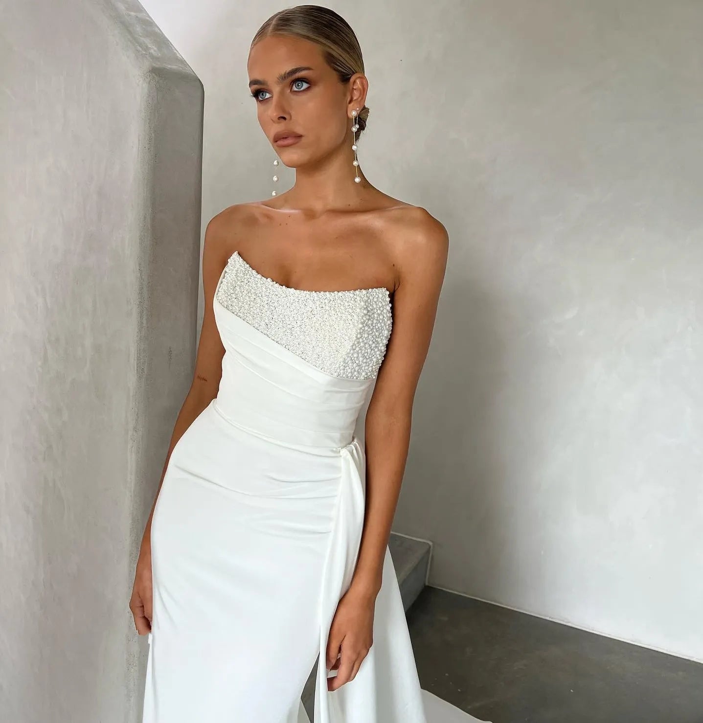 Ivory White Prom Dresses Off Shoulder Evening Dress Elegant Sleeveless Long Train Side Split Wedding vestidos de fiesta