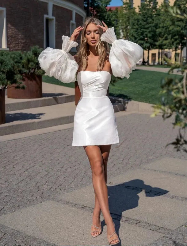 Off-Shoulder Strapless Satin Puff Sleeves Mini Wedding Dress For Women Sheath Above Knee Short Bridal Gown Custom Made Ivory 20w