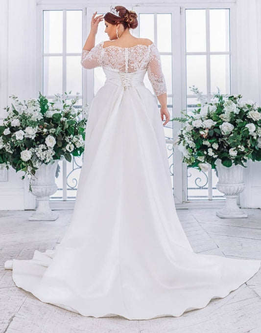 Plus size wedding dress short front long back lace and satin bride dress bridal gown with 3/4 long sleeves off shoulder