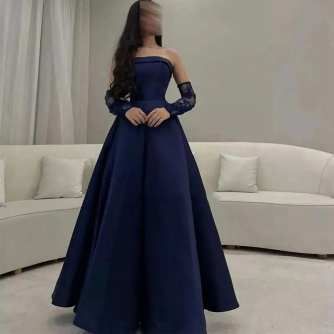 Dark Blue Vestidos De Noche With Removable Sleeve Satin Strapless Floor Lenght Prom Dress فساتين السهرة Navy Blue
