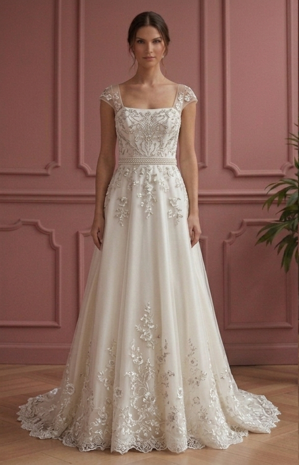 Traditional A-Line Wedding Dress Embroidered Bodice Bridal Gown