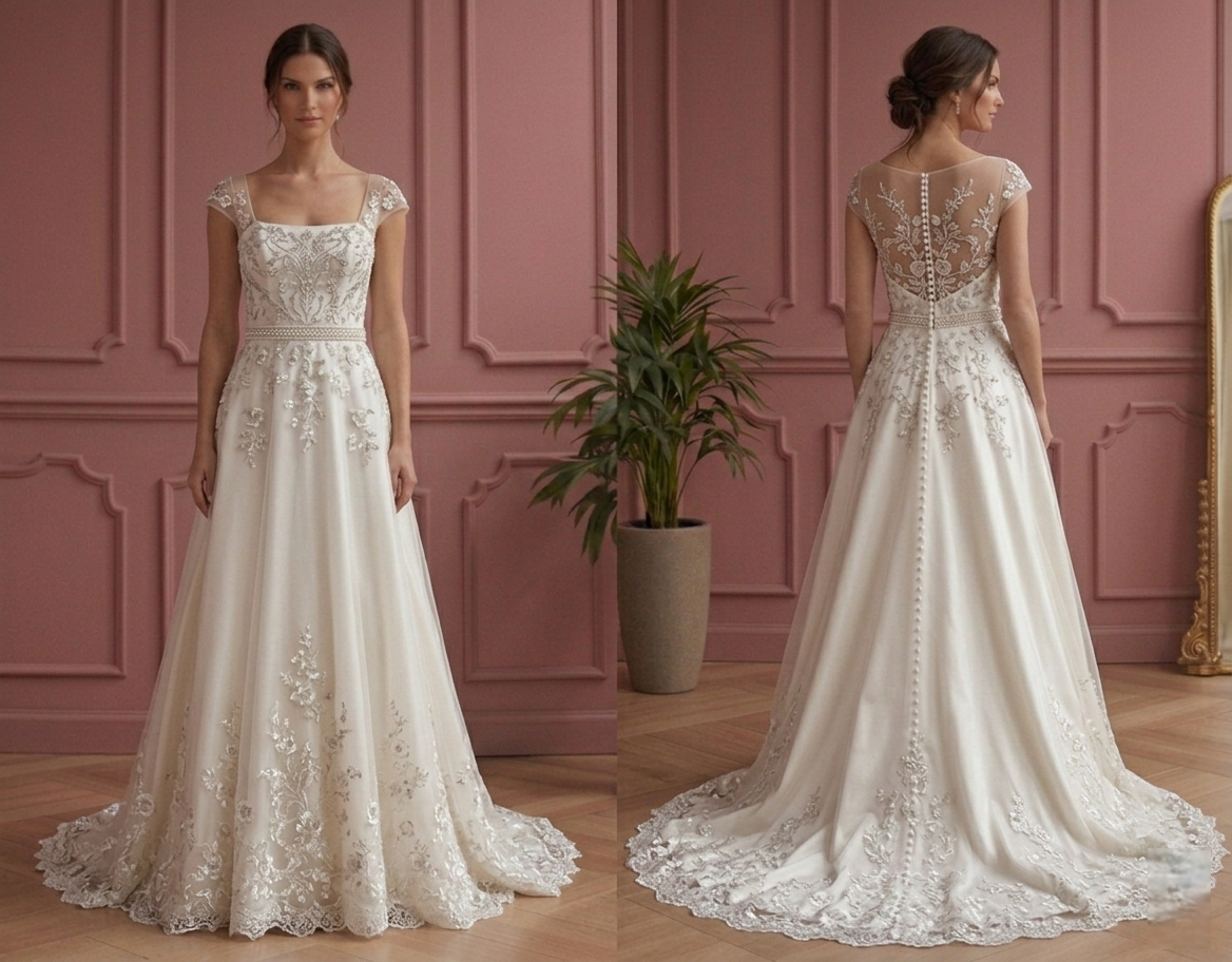 Traditional A-Line Wedding Dress Embroidered Bodice Bridal Gown
