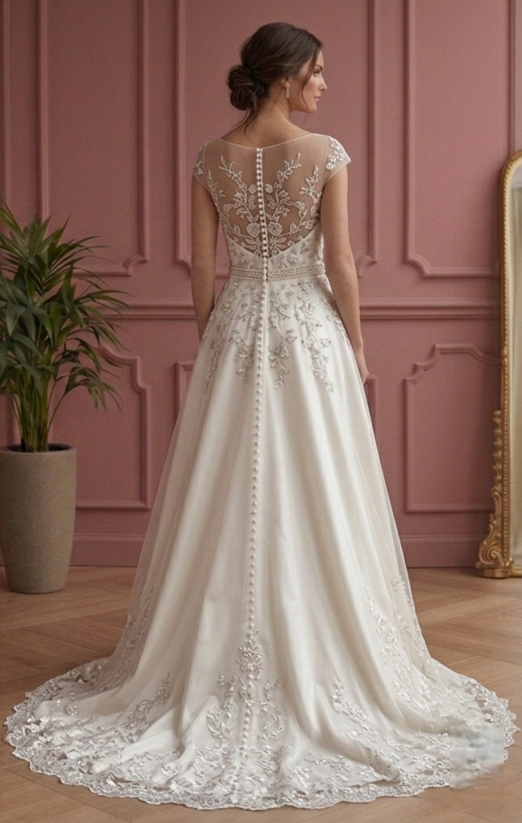 Traditional A-Line Wedding Dress Embroidered Bodice Bridal Gown
