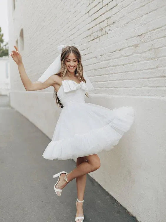 Beading Bow Mini Length Ruffles Tulle Wedding Party Dress Spaghetti Straps Above Knee Sleeveless Princess Bridal Gown