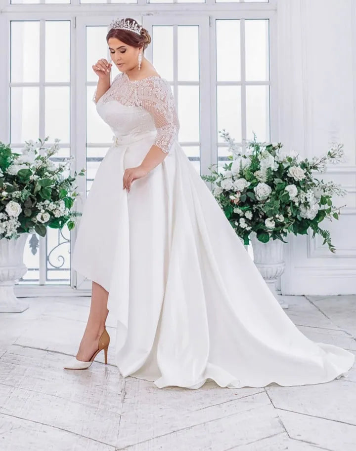 Plus size wedding dress short front long back lace and satin bride dress bridal gown with 3/4 long sleeves off shoulder WHITE