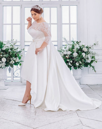 Plus size wedding dress short front long back lace and satin bride dress bridal gown with 3/4 long sleeves off shoulder