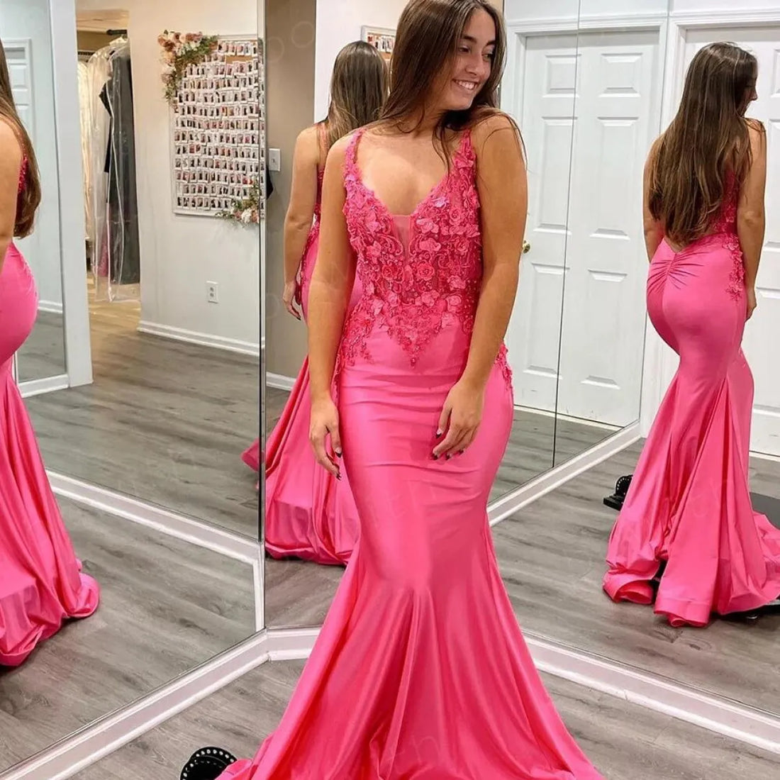 Hot Pink Appliques Prom Dresses V-neck Satin Mermaid فساتين السهرة Elegant Sleeveless Floor-Length vestidos verano moda as pic