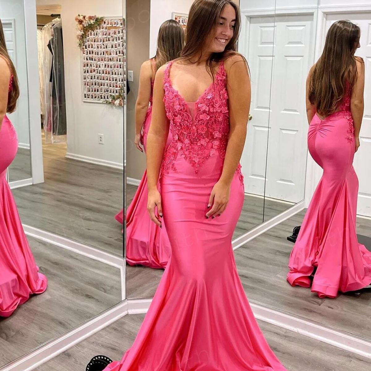 Vestidos de graduación con apliques de color rosa intenso, sirena de satén con cuello en V, vestidos elegantes sin mangas hasta el suelo, moda de verano