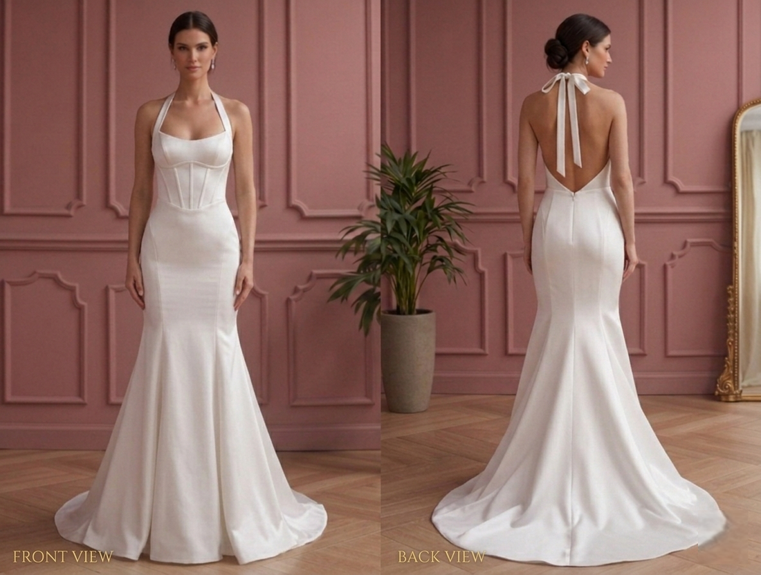 Short Halter Neck Wedding Dress Backless Satin Mermaid Style