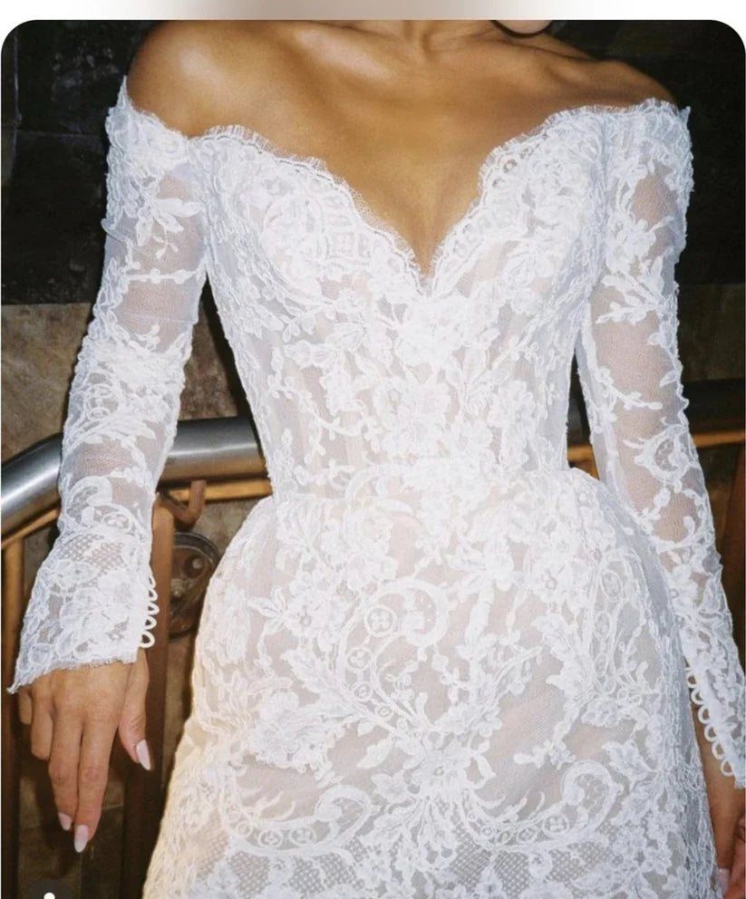 Off Shoulder Short Wedding Dress Sweetheart Long Sleeves Bridals Dresses Lace Mini Boho Women Bridals Gowns