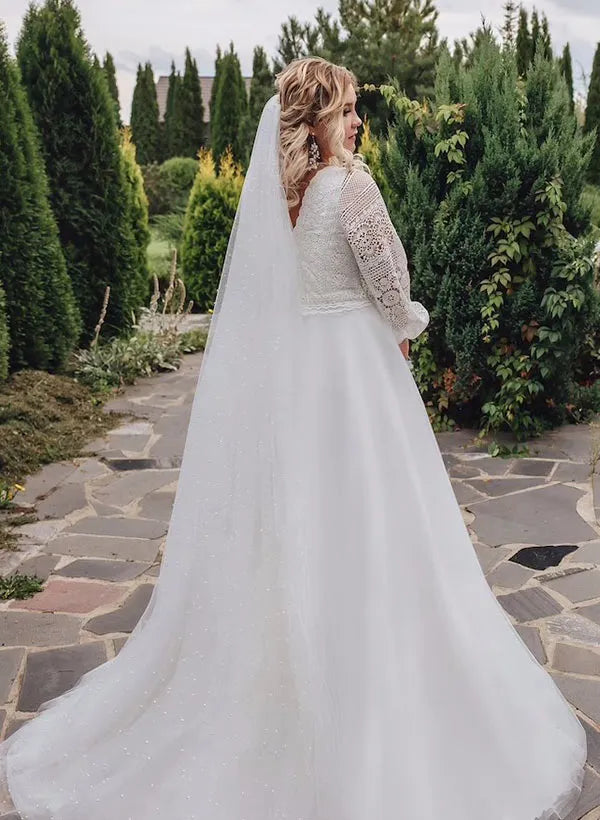 Full Sleeves Wedding Dress Lace V Neck Long Glitters Tulle Bride Gown Sweep Train Bridal Women Elegant