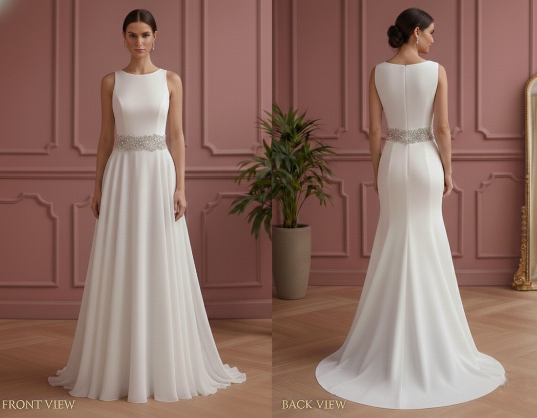 Sleeveless Wedding Dress Beaded Waistband Short Chiffon Skirt