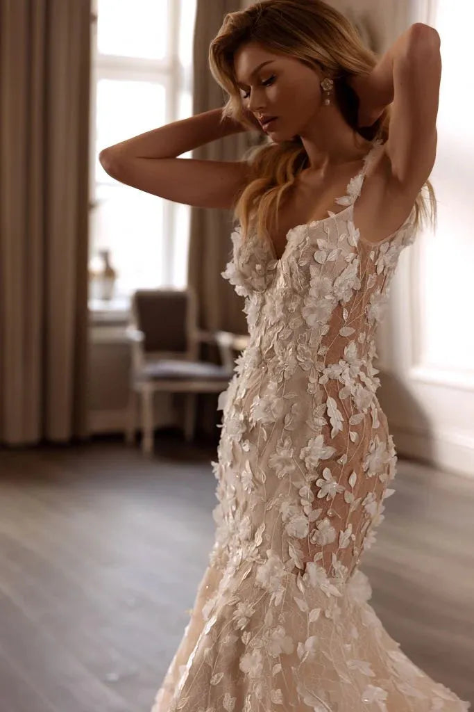 Luxury V-Neck Mermaid Wedding Dress Sleeveless Lace Appliques Beach Bride Gown Backless Sweep Train Vestido De Novia Ivory 14w