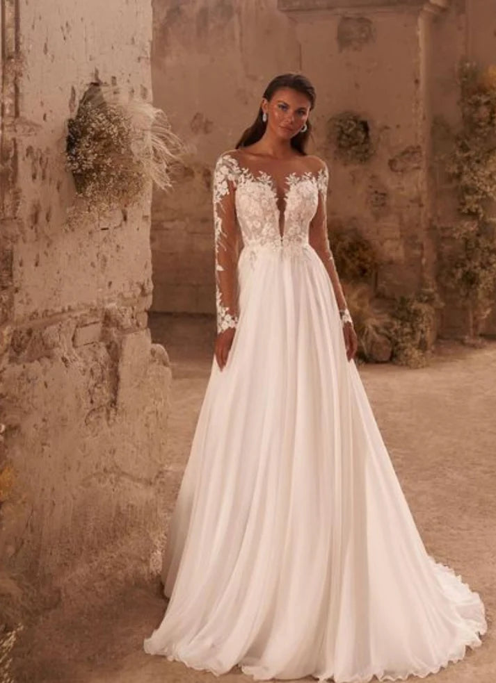 Roddrsya Boho Langarmes Hochzeitskleid Chiffon Applikationen Schaufel Halsknopf zurück A-Linie Brautkleider Vestido de Novia